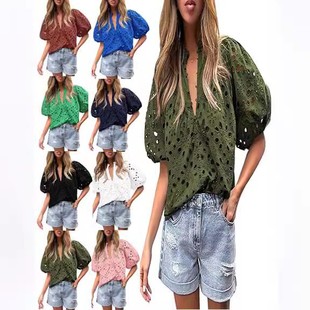 领纽扣镂空蕾丝刺绣衬衫 跨境女式 休闲灯笼袖 上衣时尚 夏季