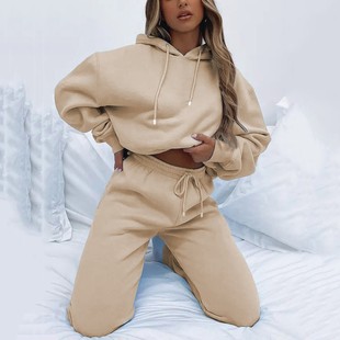 卫衣套装 都市休闲口袋长袖 女装 跨境欧美春秋纯色连帽套头长裤
