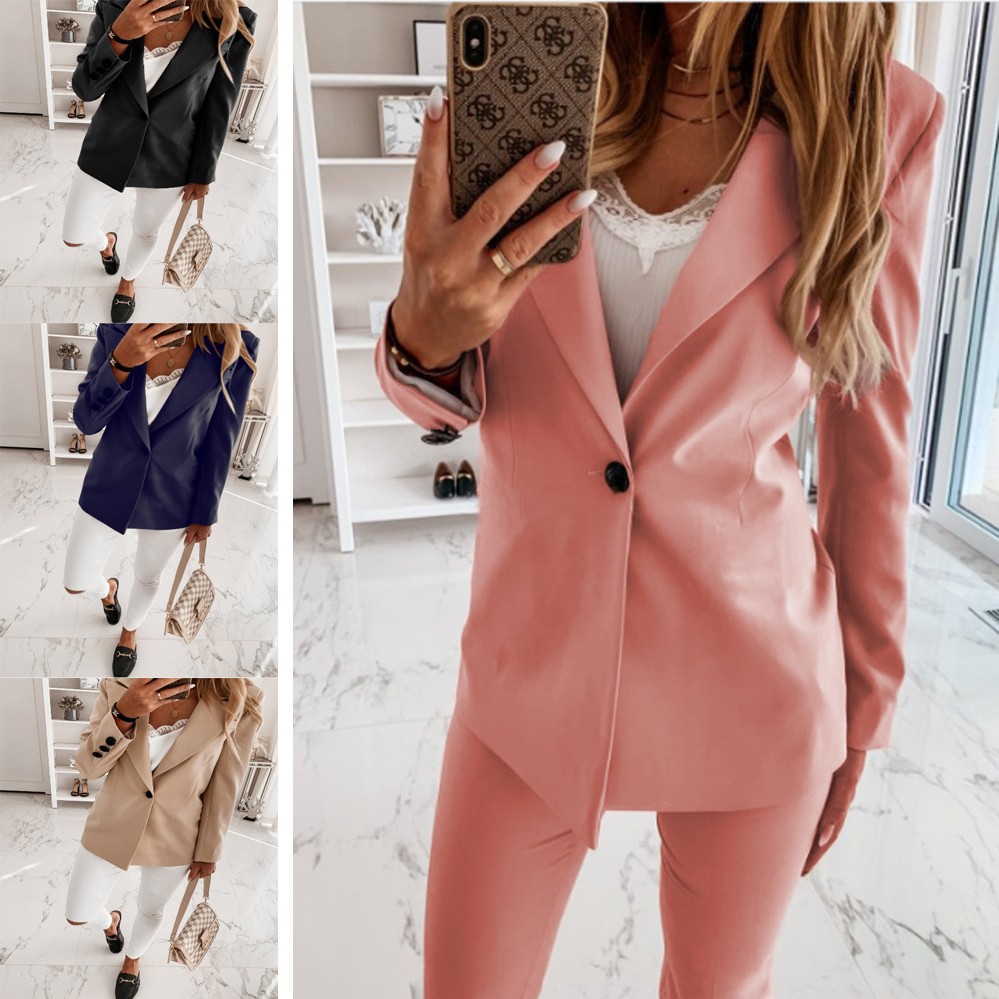 速卖通亚马逊新款秋冬长袖纯色西装领纽扣西装小外套开衫