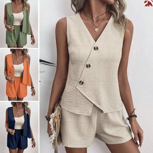 休闲领不规则背心短裤 时尚 套装 外贸跨境欧美独立站夏季