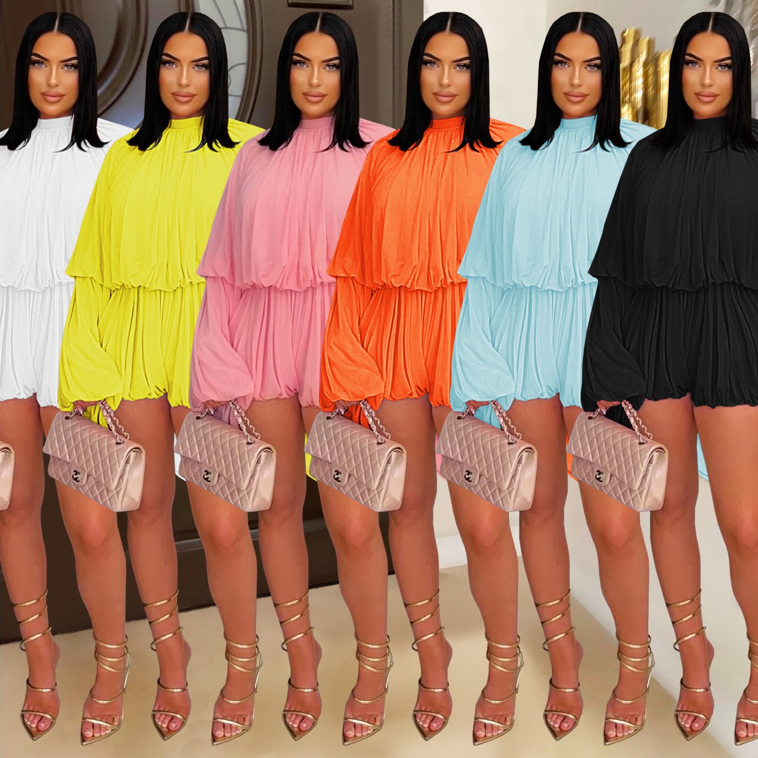 跨境速卖通亚马逊欧美时尚女装时尚休闲压褶纯色连体短裤新