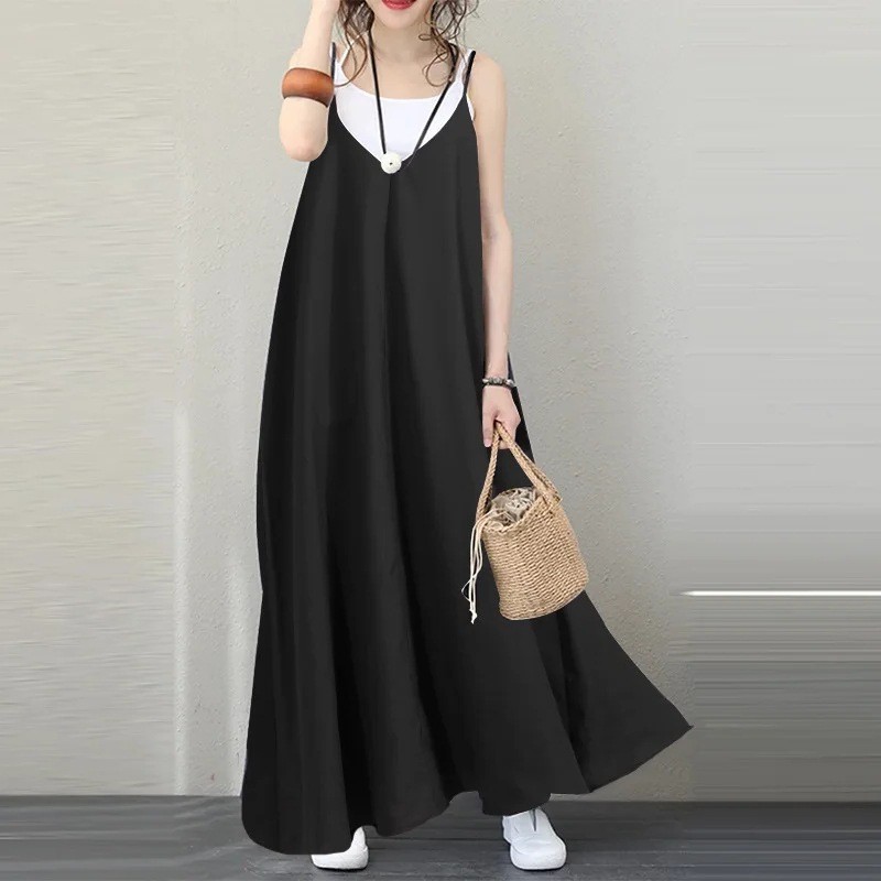 女士休闲宽松固体裙领露背性感长连衣裙 无袖妇女聚会礼服