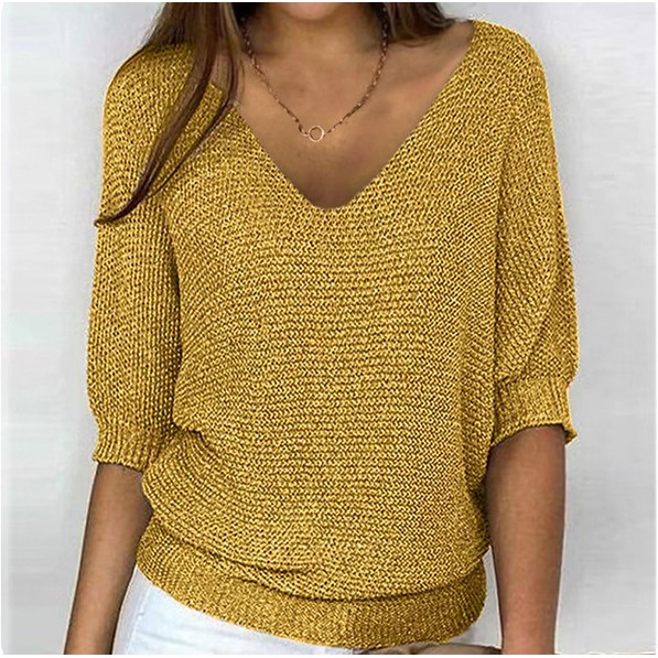 春季新品跨境欧美风纯色领针织衫女通勤优雅七分袖上衣空调衫