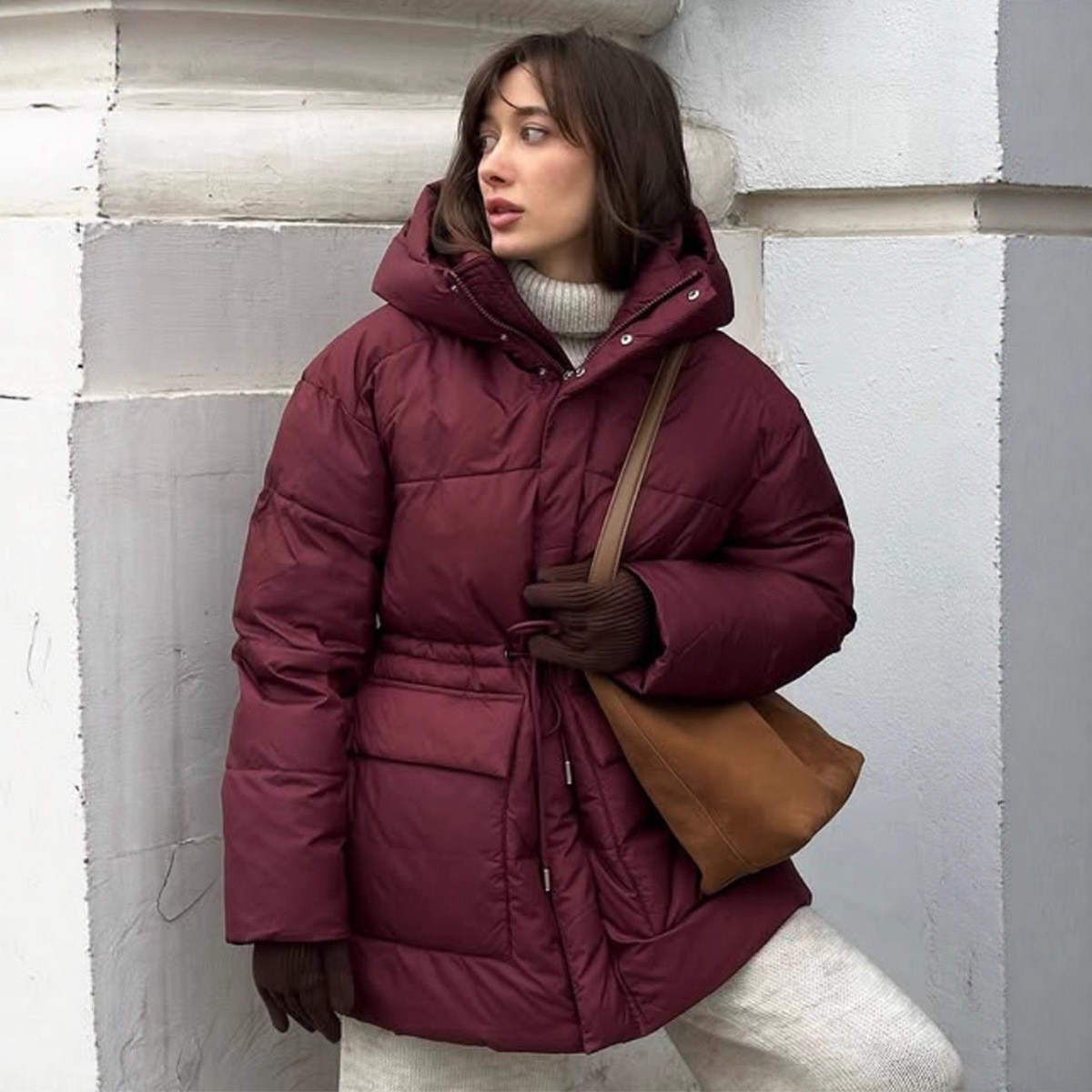 跨境酒红色连帽棉服欧美冬季系带收腰拉链面包服保暖棉服外套