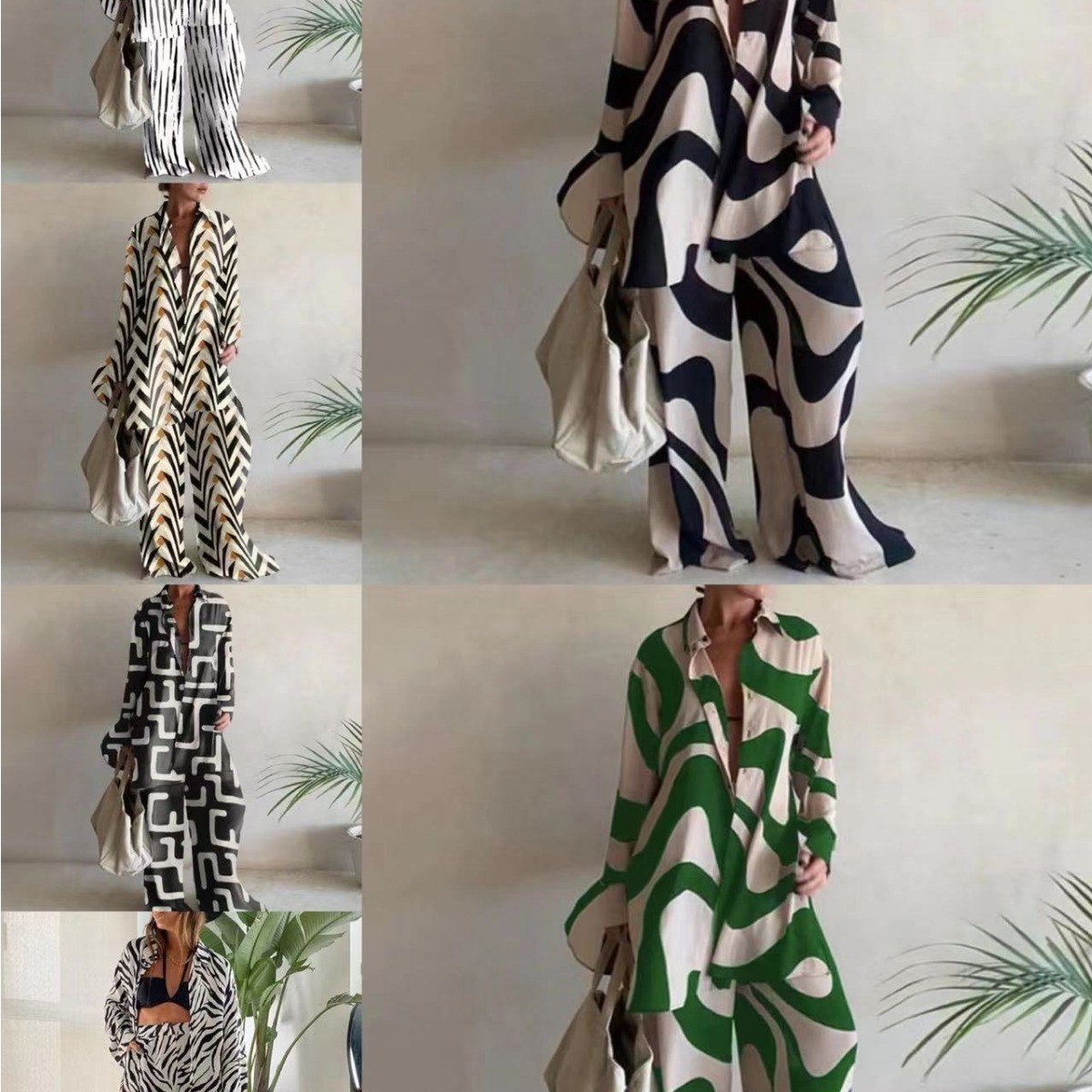 欧美新款印花套装宽松长袖加直筒连体裤连衣裙休闲度假厂家直销