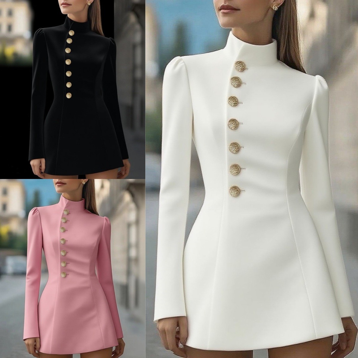 亚马逊速卖通新款秋季气质修身纯色短袖立领单排扣连衣裙女