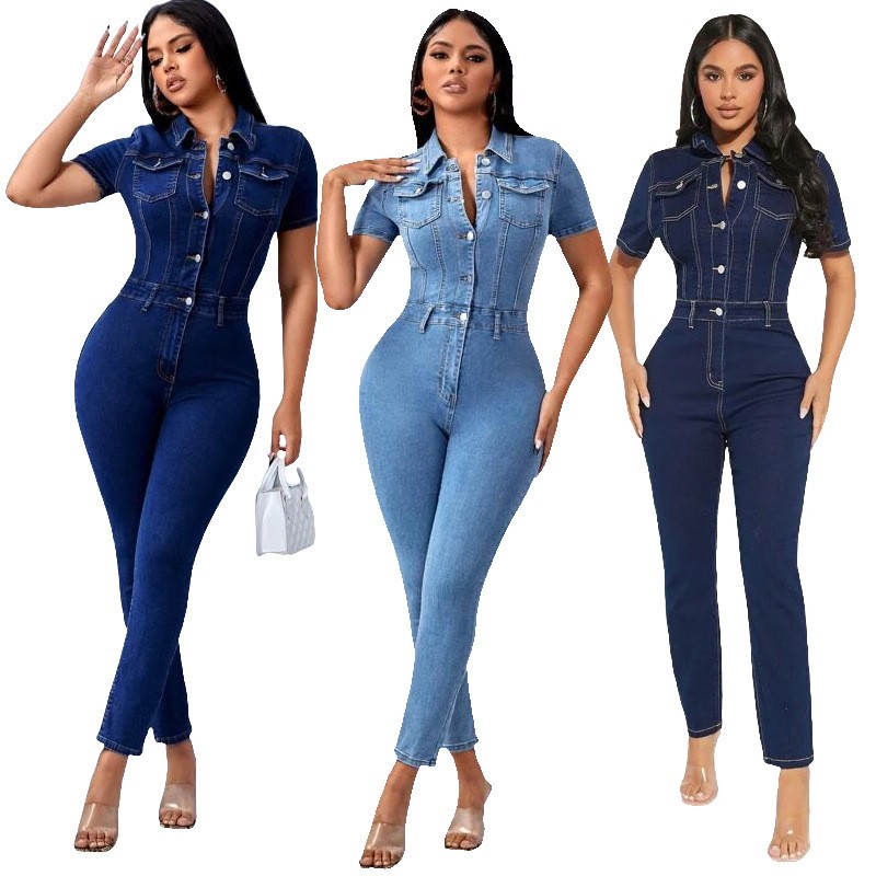 欧美新款时尚女装纯色短袖翻领纽扣紧身高腰小脚牛仔连体长裤
