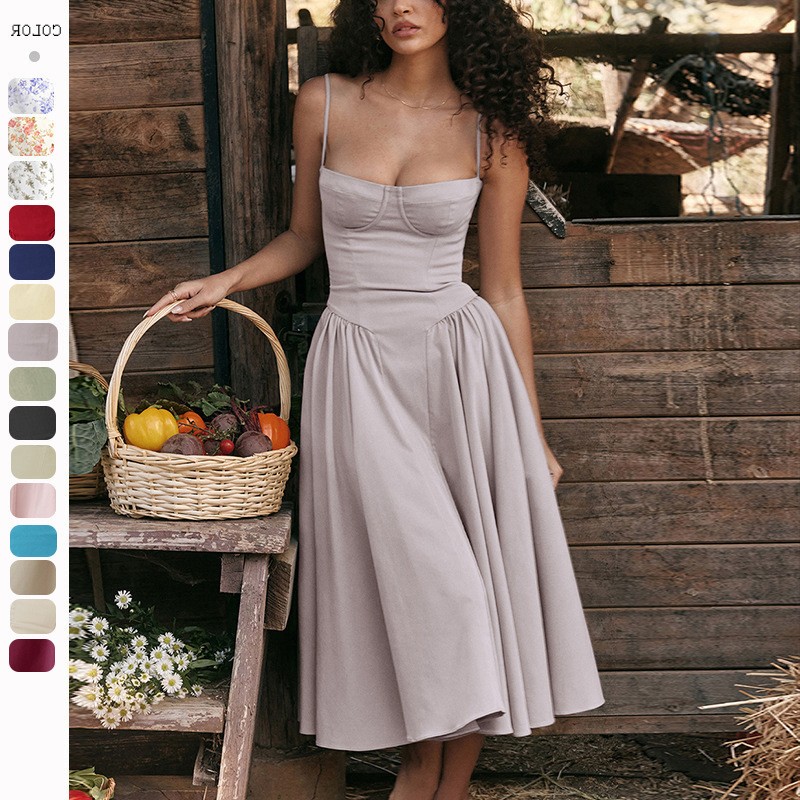 多巴胺穿搭欧美夏亚马逊裙子法式复古长裙宫廷风吊带连衣裙女优雅