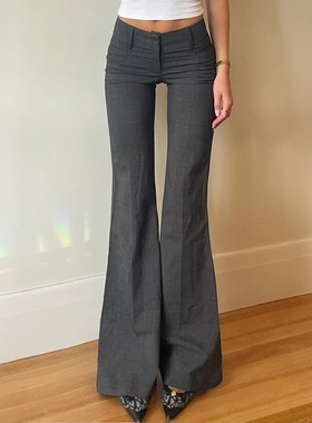 跨境亚马逊气质通勤风低腰微喇叭长裤欧美灰色辣妹基础休闲西装裤