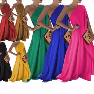 连衣裙 夏季 纯色宽松单肩长款 气质时尚 女王范礼服 新跨境女装