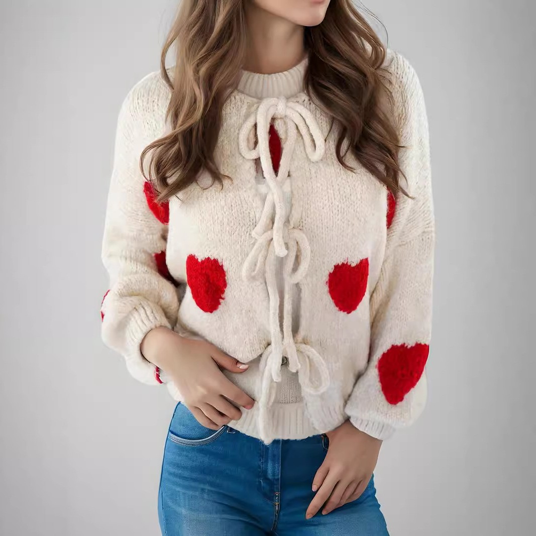 爱心刺绣圆领秋冬毛衣绑带开衫跨境欧美爆款上衣针织衫外套女