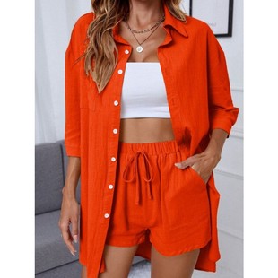 春季 两件套棉麻套装 街头都市休闲女装 时尚 拼贴七分袖 欧美新款