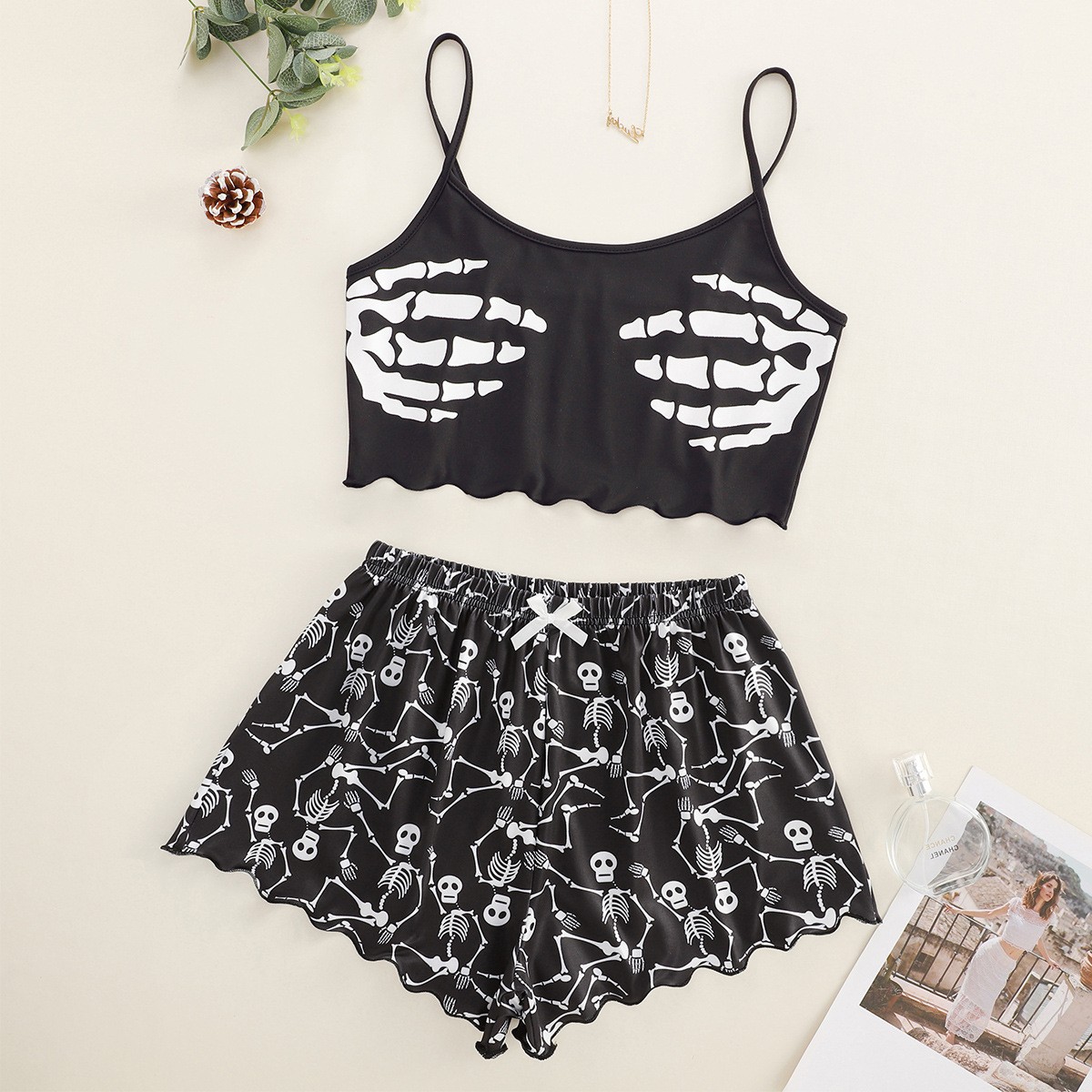 跨境欧美新款外星人印花吊带抹胸上衣短裤家居服睡衣套装女装