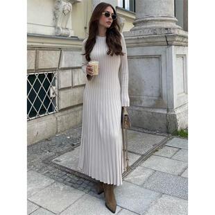 Neck 圆领紧身针织长裙 Dress Knitted Long Tight 长袖