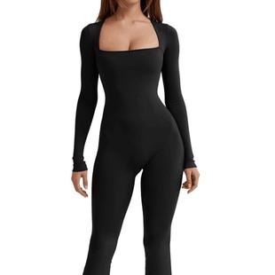 收腹束腰提臀方领阔腿高弹连体裤 跨境欧美亚马逊外贸女式 长袖