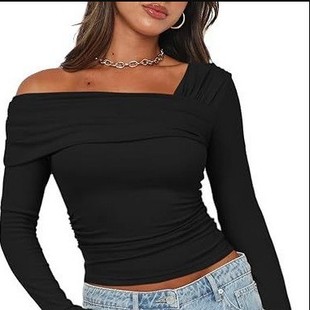 上衣褶饰外出上衣修身 单肩长袖 衬 春夏女式 亚马逊热销款