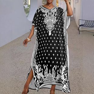 亚马逊新款 长袍 独立站欧美跨境外贸女宽松领印花长袖