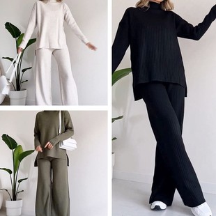 气质宽松高领坑条针织套装 休闲直筒裤 时尚 跨境两件套女亚马逊新款