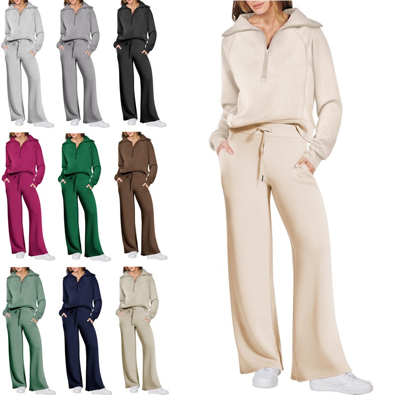 欧美外贸亚马逊秋冬款休闲运动套装拉链长袖卫衣阔腿裤两件套