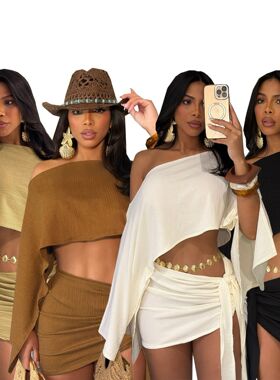 欧美跨境女夏海边度假风透气斜领露肩上衣绑带包臀短裙套装