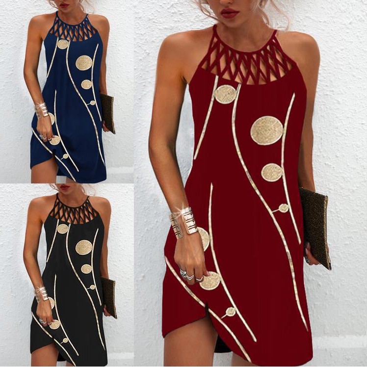 夏季亚马逊独立站吊带型气质通勤圆点印花无袖仲裁款连衣裙