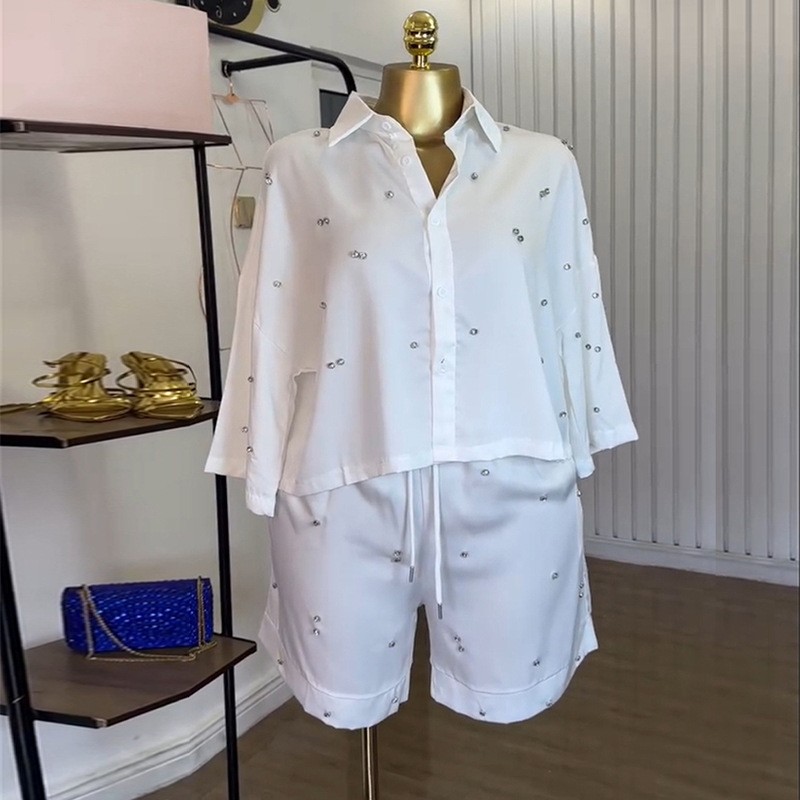 欧美跨境女装夏季新款时尚翻领宽松钉钻衬衫阔腿短裤休闲套装