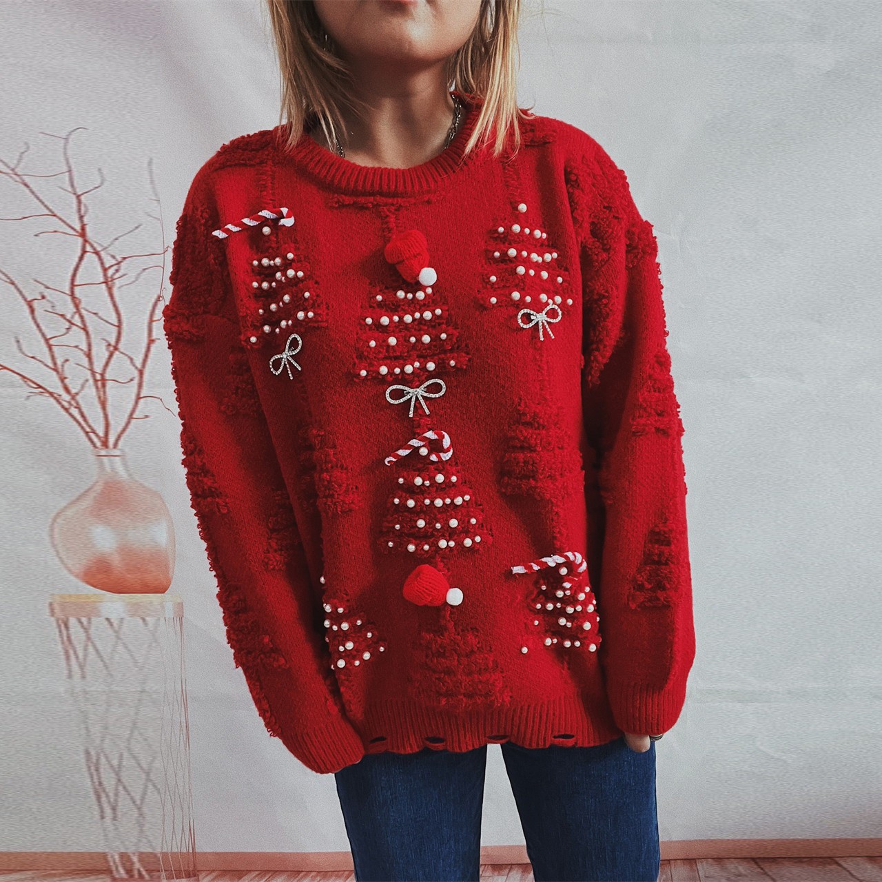 欧美跨境亚马逊手工珍珠圣诞主题毛衣立体装饰新年节日毛衣套头衫