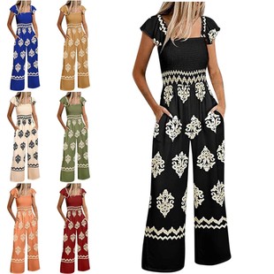 高腰阔腿连身裤 女式 复古印花盖袖 背带裤 带口袋 波西米亚连身裤
