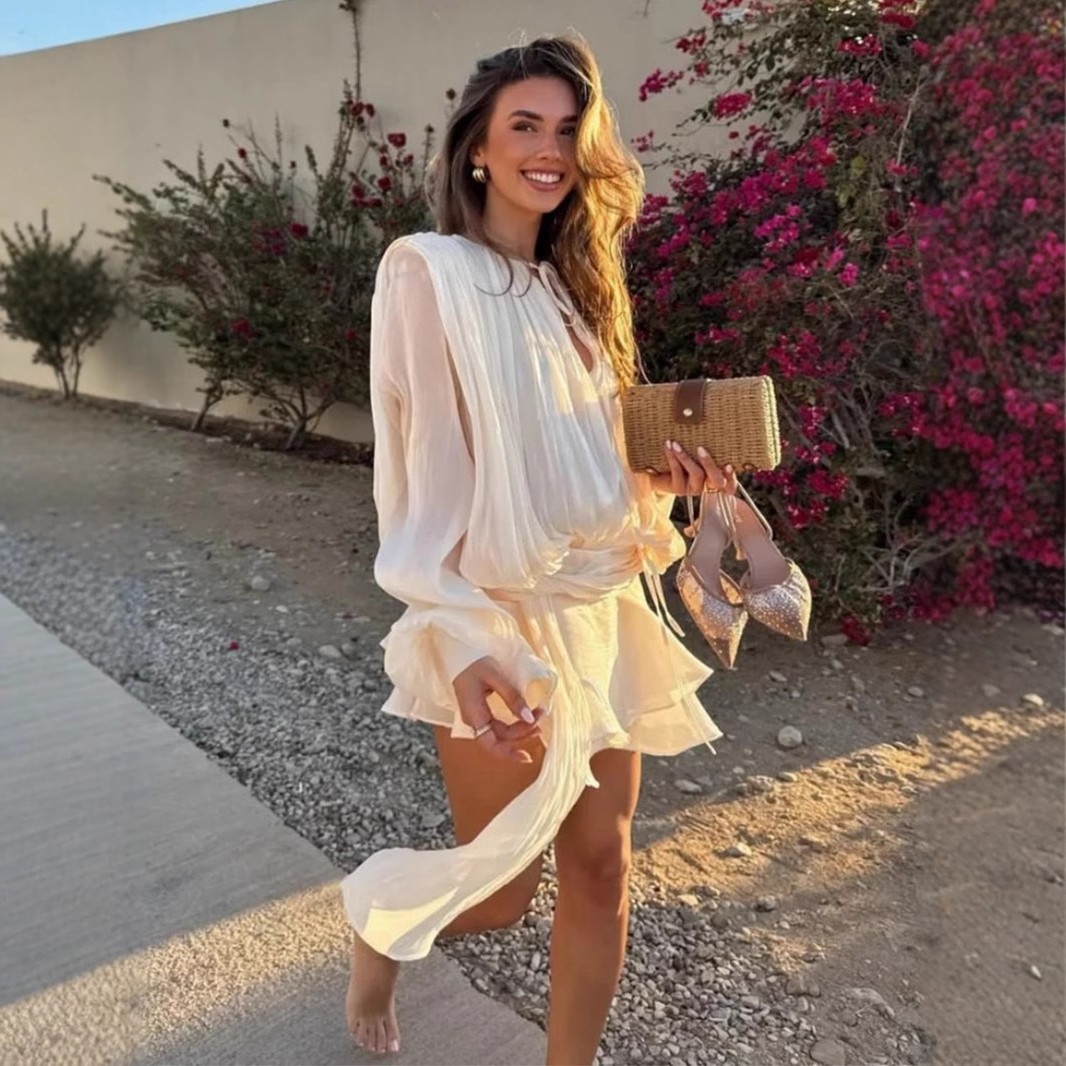 跨境雪纺长袖连衣裙欧美夏季新款灯笼袖系带短裙荷叶边连衣裙