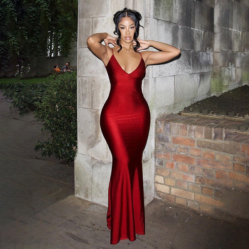 跨境外贸热销爆款红色礼服裙深性感露背吊带鱼尾连衣裙