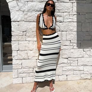 半 撞色长款 条纹比基尼休闲背心吊带上衣套装 沙滩波西米亚风格