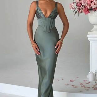 包臀裙 性感露背缎面修身 气质领鱼骨无袖 吊带裙女年春夏新款
