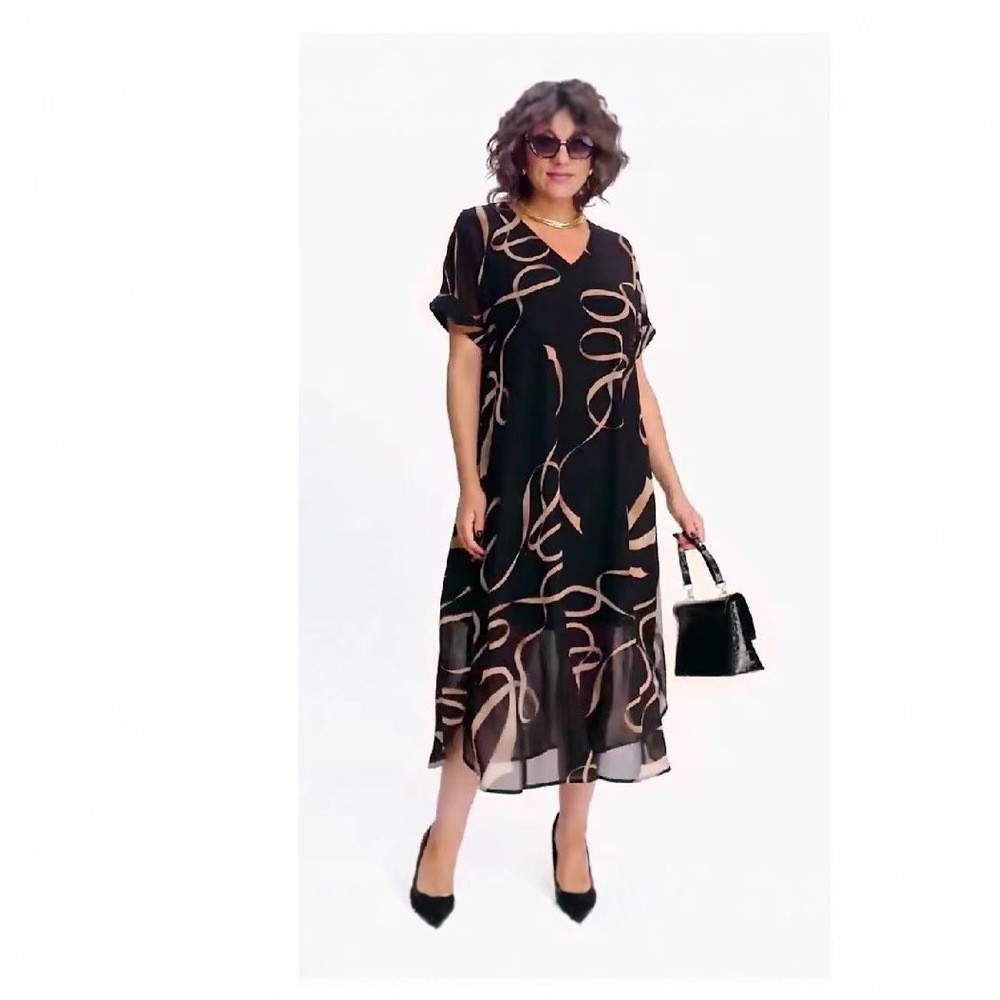 欧美时尚新款跨境优雅印花领连衣裙大码女装气质通勤中长裙