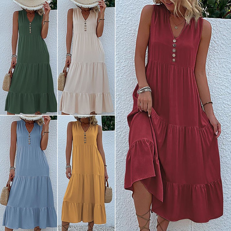 亚马逊独立站跨境夏季新品欧美无袖褶皱裙宽松领长款连衣裙