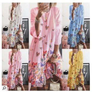 冬欧美跨境亚马逊 速迈通爆款复古印花领亚麻连衣裙女装