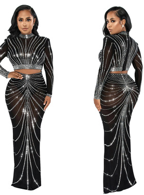 肚皮舞演出服舞台装网纱烫钻透视长袖上衣长半身裙性感两件套欧美