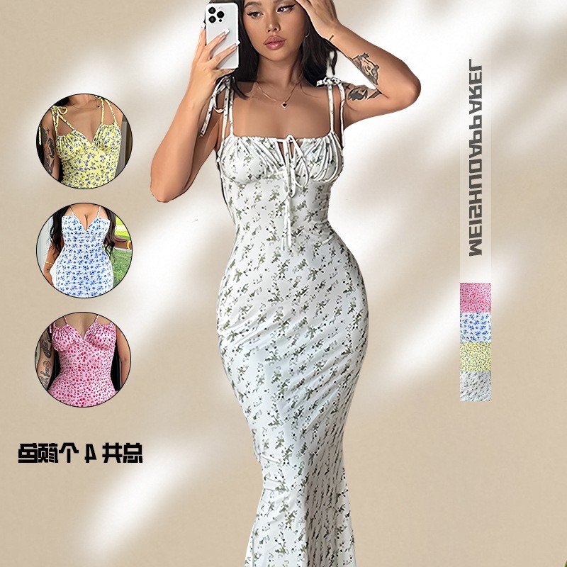 欧美跨境亚马逊新款花朵印花吊带优雅字领无袖露背连衣裙夏