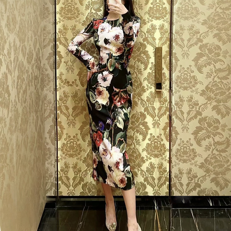 玫瑰印花黑色重磅真丝连衣裙2025春夏新款复古长袖蚕丝女装包臀裙