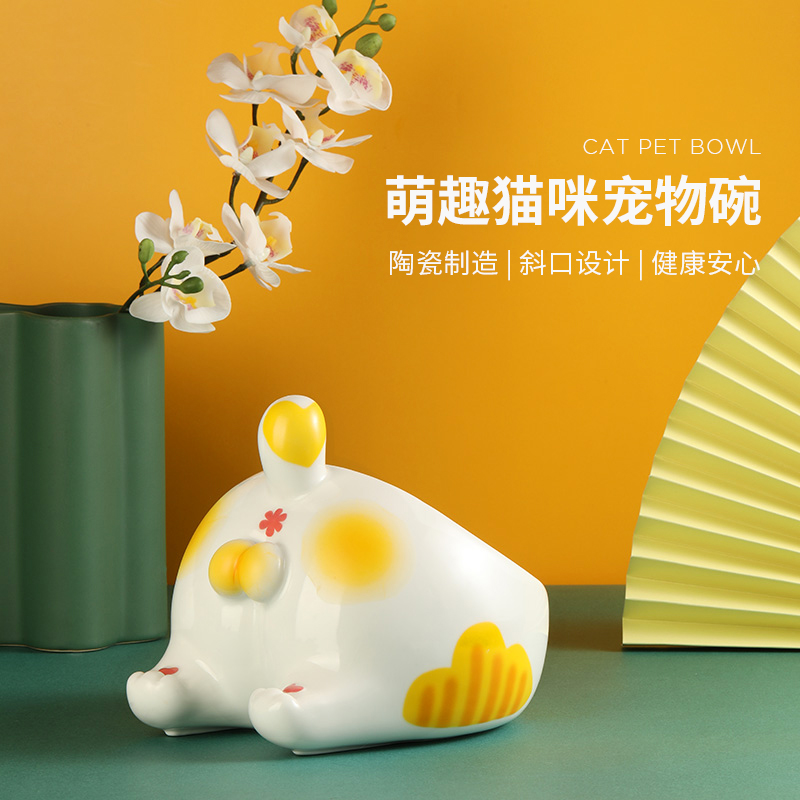 2025新款宠物猫碗狗碗套装陶瓷大脸蛋斜口喝水碗猫咪专用猫食盆