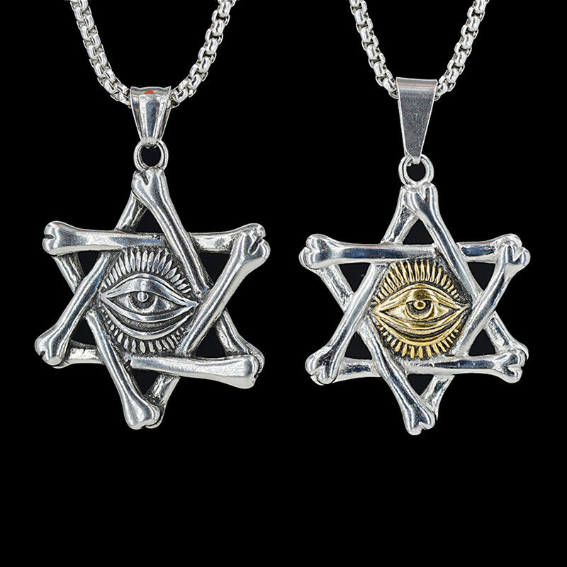 欧美时尚复古恶魔之眼六芒星钛钢吊坠潮男个性暗黑风嘻哈项链长款