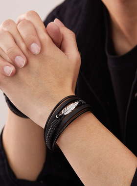欧美饰品个性羽毛皮手镯男士钛钢街头嘻哈潮流多层编织皮革手链男