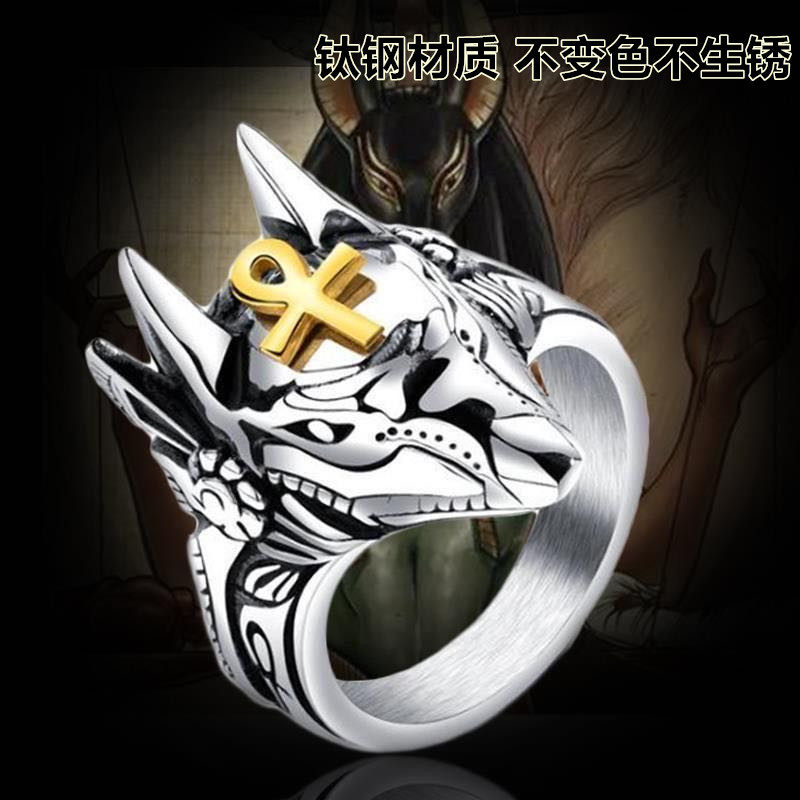 钛钢阿努比防身破窗复古男士钛钢戒指古埃及死神狼牙不锈钢食指环