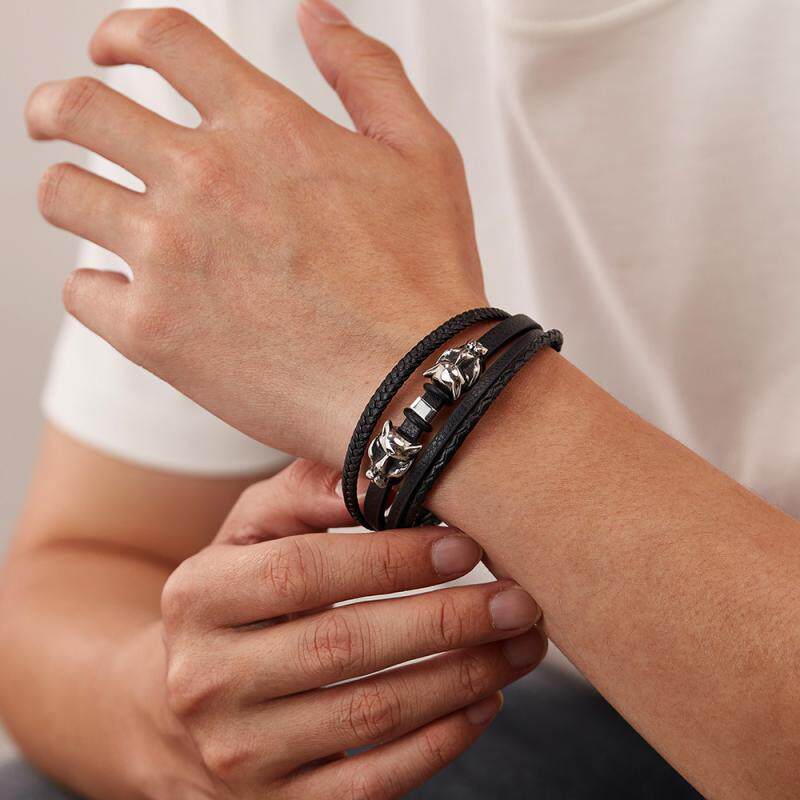 欧美潮流夜店皮手镯男不锈钢个性设计豹子头痞帅嘻哈编织皮革手链