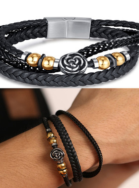 北欧跨境热销街头商务皮手镯男士不锈钢复古朋克编织多层皮革手链