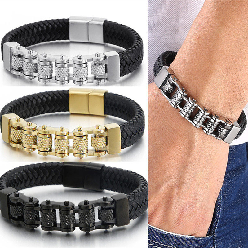 跨境朋克潮流不锈钢单车手链条男士街头夜店黑色牛皮编织皮革手镯