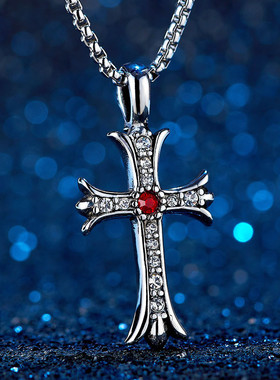 嘻哈镶钻十字架项链男个性文艺潮流钛钢吊坠韩版百搭毛衣链hiphop