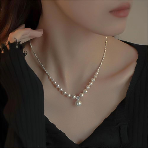 纯银碎银子珍珠项链加长款55厘米925纯银不掉色200斤胖妹胖妈礼物