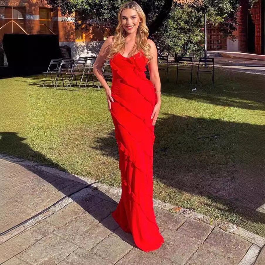 Long Dresses欧美春夏性感露背漏肩波浪修身侧边开衩连衣裙长裙