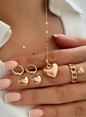 Earring+Necklace+Ring Sets爱心桃心耳环戒指项链设计感高级首饰