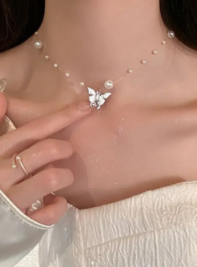 Choker Necklace Jewelry仿珍珠蝴蝶项链轻奢设计感高级锁骨链